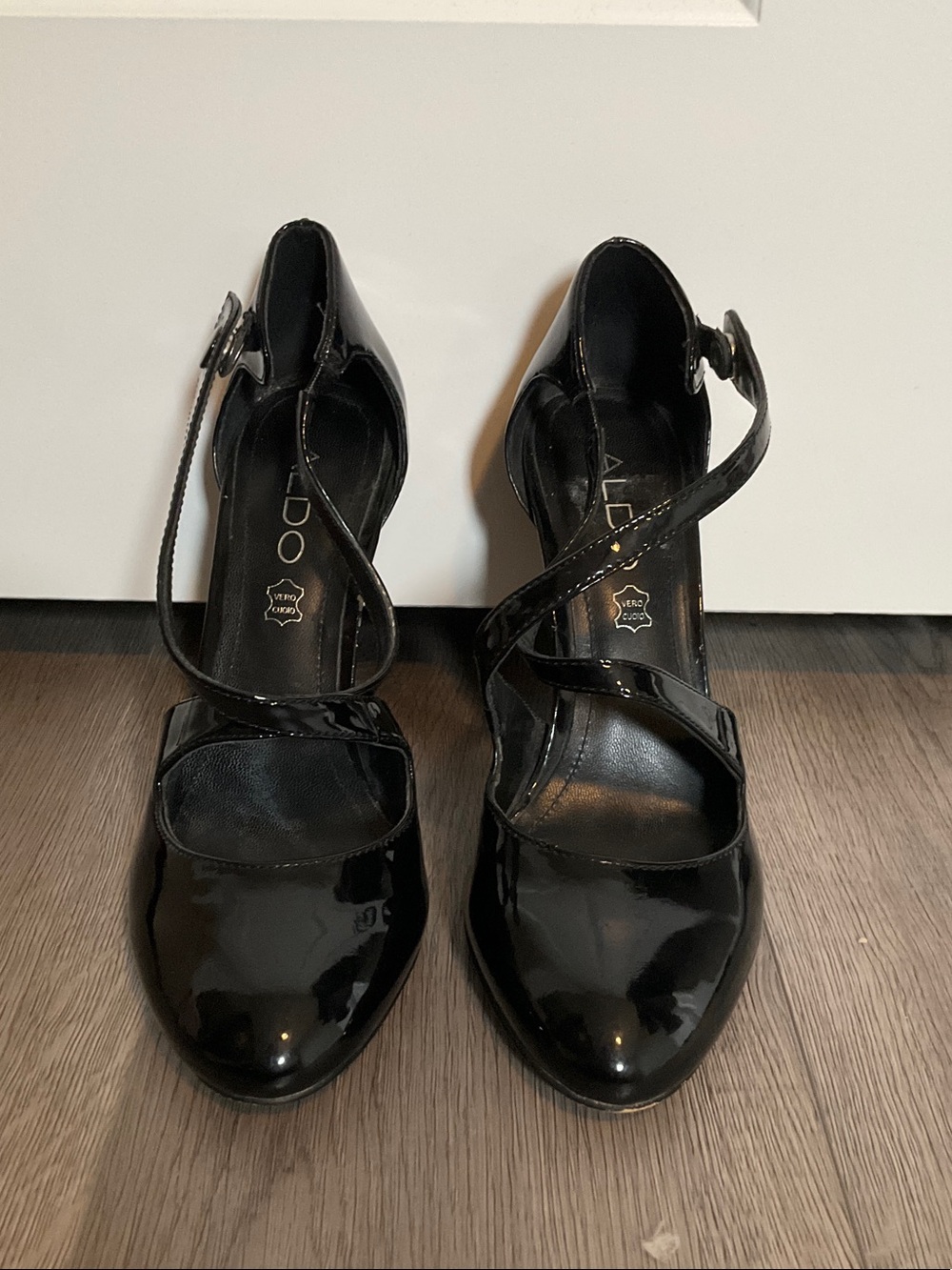 Aldo Black Patent Crisscross Ankle Strap Heels